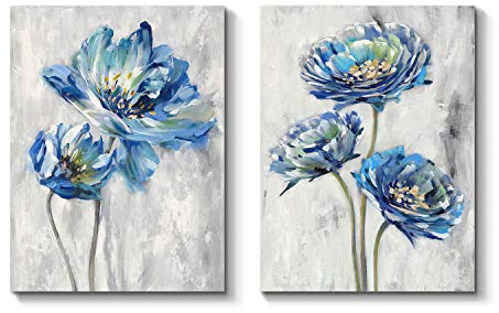 TAR TAR STUDIO Blue Flower Artwork Canvas Picture: Floral Painting Bloom Wall Art Print on Canvas for Dining Room (11''W x 16''H x 2 PCS, Multiple Sizes/Material)