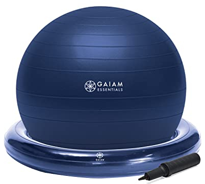 Gaiam Essentials Balance Ball & Base Kit, 65cm Yoga Ball Chair, Exercise Ball with Inflatable Ring Base for Home or Office Desk, Includes Air Pump - Navy