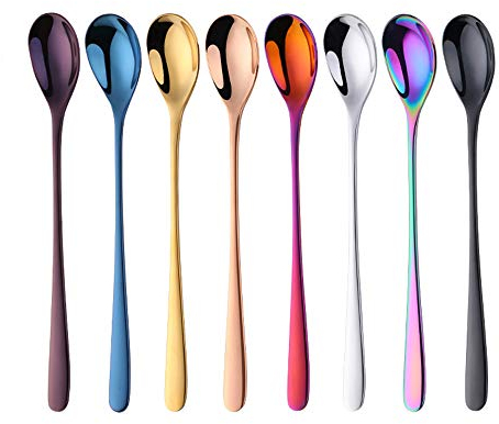 SBOMHS Bunt Eiskaffee Löffel Lang Stielig Teelöffel 18/10 Edelstahl 8er 20,5 cm Länge Latte Macchiato Löffel für Espresso Zucker Dessert Spoon Marmeladen Joghurtlöffel Longdrink Cocktail Rührlöffel