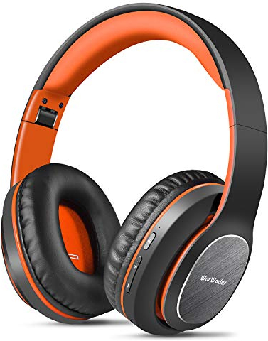 WorWoder Casque Audio sans Fil Bluetooth [80 Heures de Lecture] Pliable Hi-FI stéréo, Casque Anti-Bruit Doux et léger, Micro HD intégré et Mode Filaire pour téléphone Portable, PC, TV (Noir-Orange)