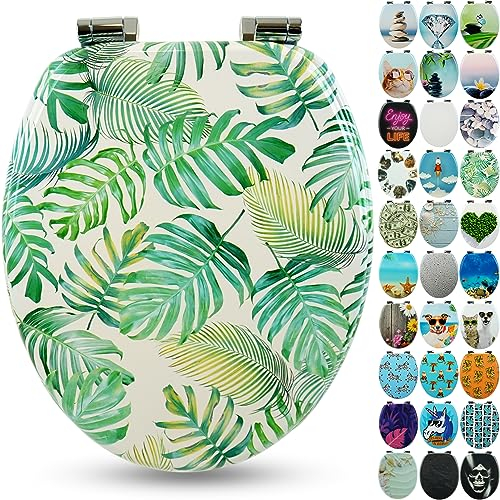 SANFINO® Premium WC Sitz mit Absenkautomatik – hochwertige Toilettendeckel aus Holz, viele bunte Motive, hoher Sitzkomfort, einfache Montage inklusive Montageanleitung – Tropical Leaves