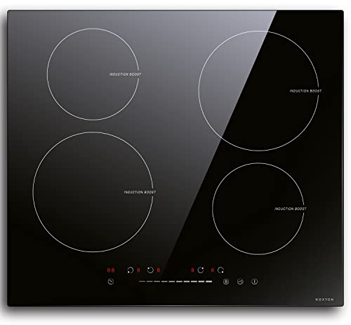 NOXTON 4 fuochi Piano cottura a induzione elettrico Domino da incasso, in vetro nero da 60 cm, con controllo del cursore del sensore Sicurezza bambini Blocco per 220 V-240 V