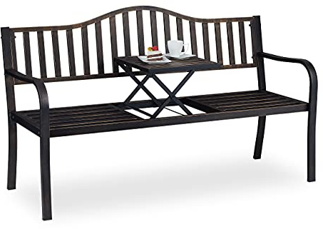 Relaxdays Banc de Jardin avec Table Pliante, 3 Places, Solide, Jardin, métal, Balcon, HLP 89x150x58,5 cm, Noir-Bronze