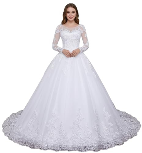 manica lunga abito da sposa principessa perline di pizzo grand abito da sposa lungo treno BA-N-OL (50 plus, white)