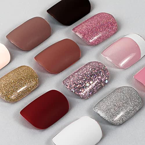 COLOFALLA 288 Stk Nägel zum Aufkleben Press On Nails Künstliche Falsche Nägel Fake Nails Kurz Glitzer Matte Rot Rosa French Fingernägel DIY Nailart Nagel Kunst