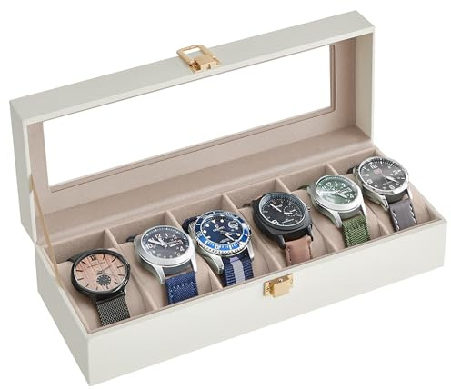SONGMICS Watch Box with 6 Slots, Glass Lid, Metal Clasp | Watch Case, Removable Watch Pillows, Gift Idea, White PU Leather, White Coating and Cappuccino Lining, JWB006W01