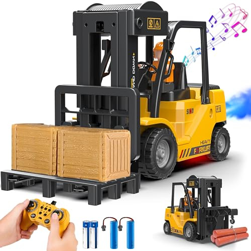 VWAHNANA RC Forklift Truck, 2 in 1 Transform Lift Fork & Hook, Kids Forklift Toy, 11 Channel Remote Control Forklift for Adults, 2 Battery, Spray, Light, RC Construction Vehicles Toy for Kids 6+ Gift