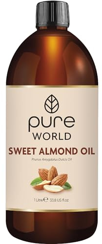Pure World Natural Sweet Almond Oil 1 Litre, 100% Pure, Undiluted. Cold Pressed Premium Quality Almond oil – Skin, Nails, Body and Face, Edible Vegan.
