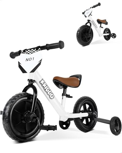 KRIDDO 2-in-1 Kinder Dreirad und Laufrad ab 2 Jahren, mit abnehmbare Pedalen, einklappbare Stützräder und individualisierbarem Schild, Fahrspaß-Spielzeug für 18 Monate bis 3 Jahre, Weiß