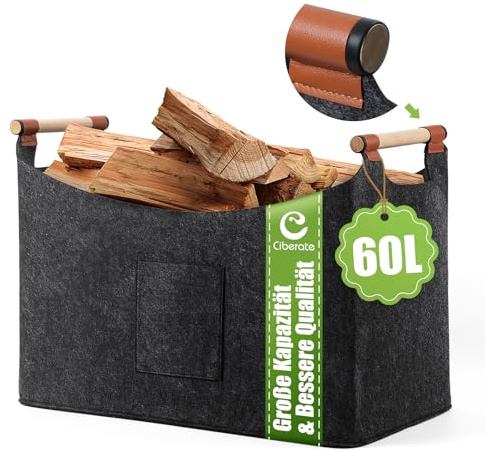 Ciberate Panier à bois de chauffage en feutre extra épais et poignée renforcée - Panier en feutre pliable - Sac de rangement pour bois, courses (XL 60 L (45 x 32 x 40 cm)
