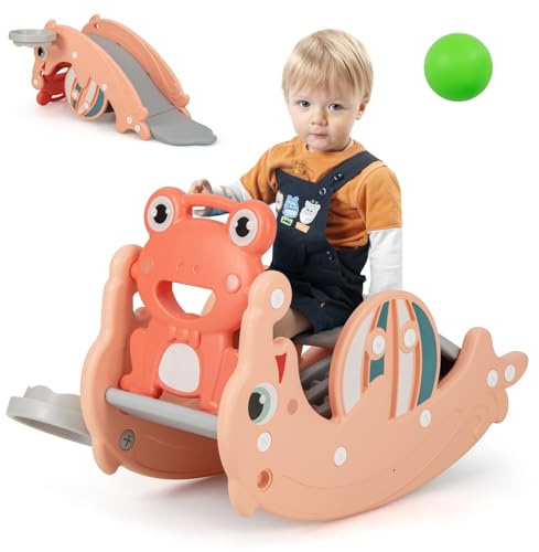 GYMAX Kids Rocking Horse, 3 in 1 Freestanding Slide with Basketball Hoop, Indoor Rocking Toy Toddler Slide for 1.5-3 Years Old Boys Girls(Pink)