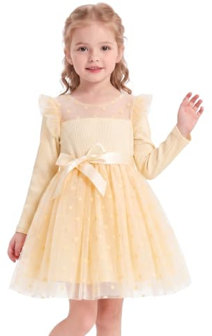 Miipat Fille Robe Tulle Manches Longues Robes Petite Filles Princesse Enfants Jupe à Points de Polka pour Fête Anniversaire Festival de Mariage (Beige 110 4-5 Ans)