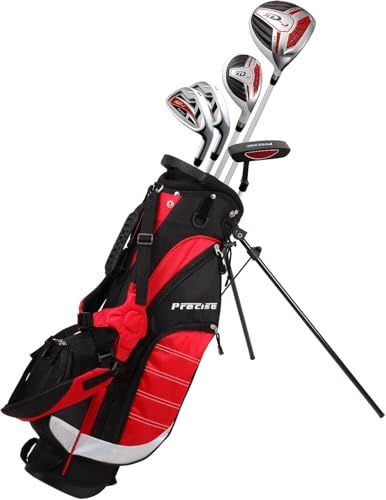 Precise XD-J Junior Complete Kids Golf Clubs Set - Boys & Girls Left Handed Golf Clubs for Kids w/Driver, Hybrid, Irons, Putter, Stand Bag & Headcovers - Youth Golfing Club Set for Ages 6-8 - Red