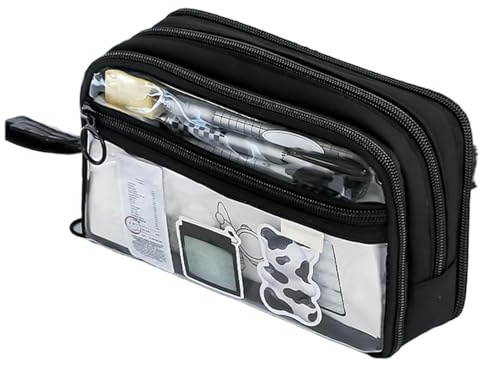 Generisch Tasche trasparenti con chiusura lampo, 6 scomparti, astuccio con grande capacità, organizer multifunzione per cancelleria con manico portatile, organizer per bambini, adolescenti, Nero