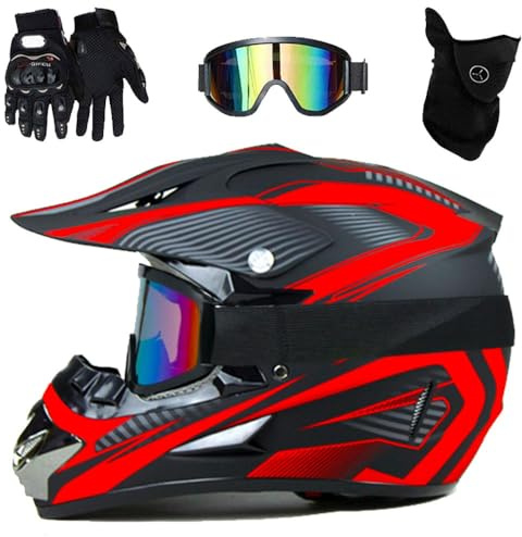4-Piece Set Youth Kids Dirt Bike Helmet, with Goggles Gloves Mask, Full Face Protective Helmet, ATV BMX Downhill Mountain Bike Quad Bike(125 red new flower,S(52-53cm))
