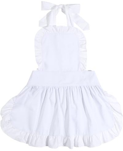 STOBAZA White Cotton Apron for Women Vintage Retro Waitress Pinny Full Apron with Frilly Design for Cooking Cleaning Party Use