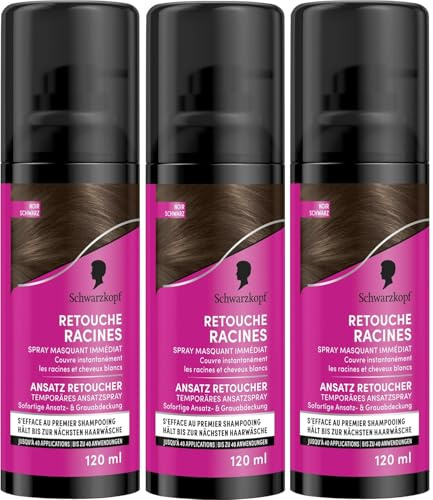 Schwarzkopf - Lot de 3 Retouche Racines Cheveux Blancs - Spray Masquant Temporaire Racines Cheveux - S’efface au premier shampooing - Noir