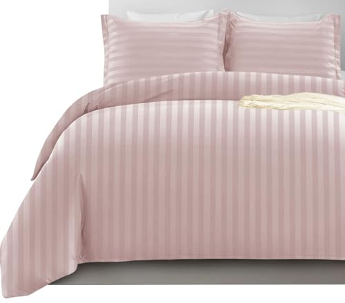 Imperial Rooms Satin Stripe Double Duvet Set - Premium Hotel Quality Quilt Cover Double Bedding Set 3 Pcs - Ultra Soft Double Duvet Cover With Button Closure (Peach 200x200 Cm)