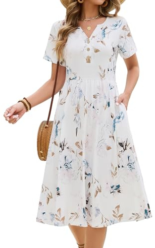 HEEKPEK Sommarklänning, dam, lätt, luftig klänning, knälång, fritidsklänning, elegant, boho, midiklänning, V-ringad, knappar, klänningar, sommar, kortärmad, strandklänning med fickor