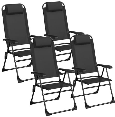 LIFERUN Set med 4 trädgårdsstolar, fällstolar, campingstolar med nackstöd, med 5 justerbara ryggstöd, balkongstolar högt ryggstöd, utomhusstolar för trädgård, terrass, camping, svart, 4 stycken