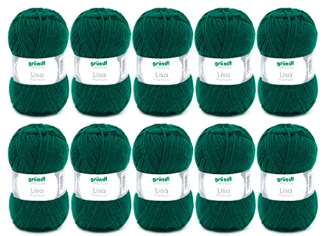 Gründl Wolle Lisa Premium uni - Garn zum Stricken - Strickgarn - Häkelgarn - Weich und hautfreundlich - 100% Polyacryl 10 Knäuel 50 g / 133 m - Nadelstärke 3,5-4,5 - Tannengrün