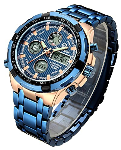 Affute Montre numérique et analogique pour Homme Acier Inoxydable Lourd Sport Multifonctions, chronographe, étanche, Fonction Date, Alarme (Rose Gold Blue)