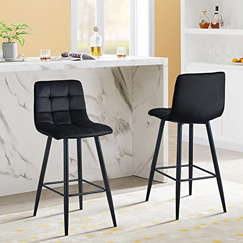 LEMROE Barhocker aus Samt, 2 Stück, Küchenhocker mit Rückenlehne und schwarzen Beinen, Frühstücksstühle mit Fußstütze, Heimmöbel (quadratisch gestreift, 65 cm, schwarz)