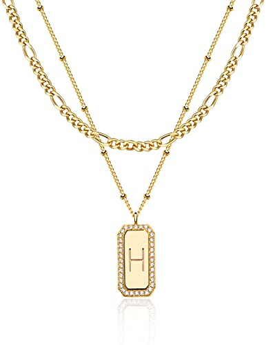 Gold Initial Necklace for Women 14K Gold Plated Figaro Chain Choker Layered Necklaces Set Bar Rectangle Pendant Necklaces Simple Dainty Letter Necklace Everyday Gold Jewelry