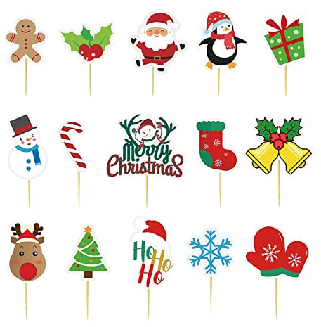 Trimming Shop 15pcs Christmas Cocktail Sticks Cocktail Toothpicks Fruit Stick Picks Teddy Bear Christmas Tree Snowflakes Santa Claus Jingle Bell Stocking Cake Topper for Xmas Party Supplies Favors