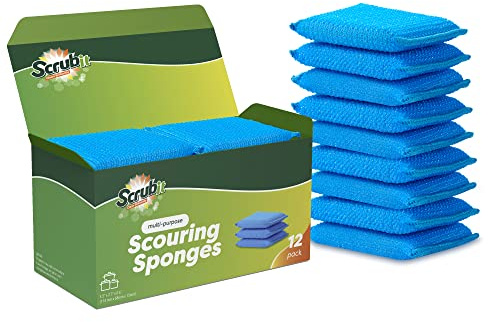 SCRUBIT Multi-Purpose Dish Scrub Sponge, Non Scratch Scouring Pads, Cleaning Sponges for pots, Dishes, & Non-Stick Cookware - Pot Scrubber Sponges for Kitchen & Bathroom - 12 Pack Dish Sponge - Blue