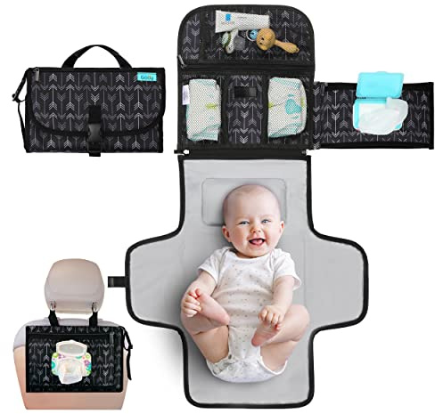 Kopi Baby Portable Diaper Changing Pad - Baby Diaper Changer Travel Bag with Wipes Pocket, Smart Design Portable Changing Mat, Infant Travel Station Kit, Gift for Newborn Girl & Boy - Black Arrows