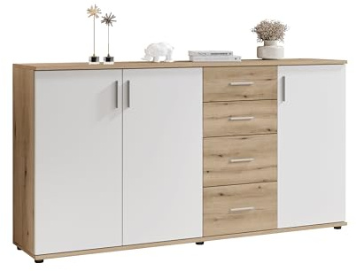 Kommode BC 1040 in weiß matt, Absetzung Eiche Rustikal Optik - Moderne Kommode mit viel Stauraum - 160 x 84 x 35 cm (B/H/T)