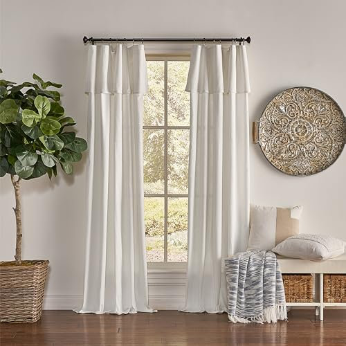 Mercantile Drop Cloth Curtain Panel, Light Filtering Ring & Tab Top with Attached Valance, 84 in Long x 50 in Wide, Farmhouse Single Window Panel, Bedroom, Living Room & Dining Room, Off White