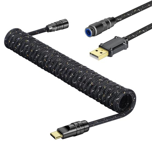 MAMBASNAKE C05 Cable USB C Espiral Personalizado para Teclado de Juegos, Nailon Trenzado, USB-A a USB-C, Cable de Teclado Mecánico de Doble Funda con Conector Aviación Metal CNC, 4.92Pies - Negro