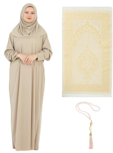 Prien Vestido de Oración para Mujer con Hiyab, Alfombra y Tasbih, Conjunto Musulmán, Ropa Islámica Abaya Jilbab Kaftán de Dubái para Eid y Ramadán (Visón Oscuro)