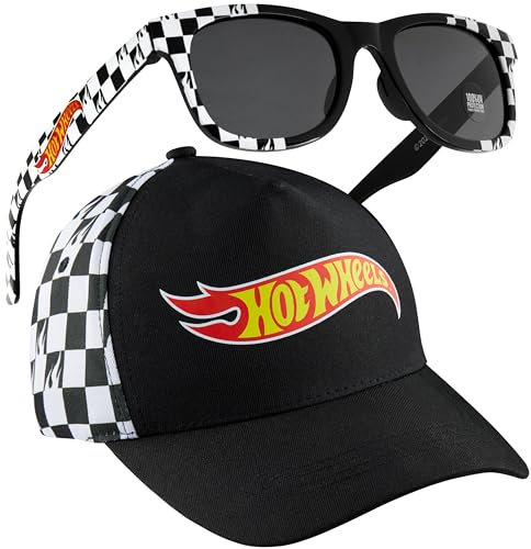 Hot Wheels Basecap Sonnenbrille Kinder Set Sommer Baseball Cap mit UV Brille Schutz Sonnenhut für Freizeit Urlaub Geschenk Kinder