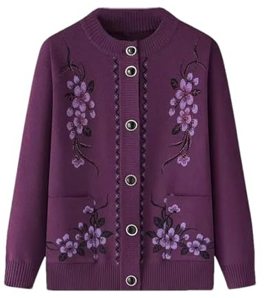 SaoBiiu Cardigan en Tricot pour Femme d'Âge Moyen Âgée Mère Pull Cardigan d'Hiver Ample Col Rond Grand-Mère Manteau Cardigan, violet, XXL