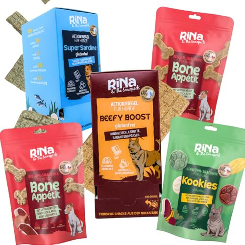 Hundesnacks & Hundekuchen Probierpaket – 2 Riegelboxen & 3 Snackpackungen – 100% natürliche Hundeleckerli, glutenfrei & ohne Zusätze – RiNa Snacks für Hunde