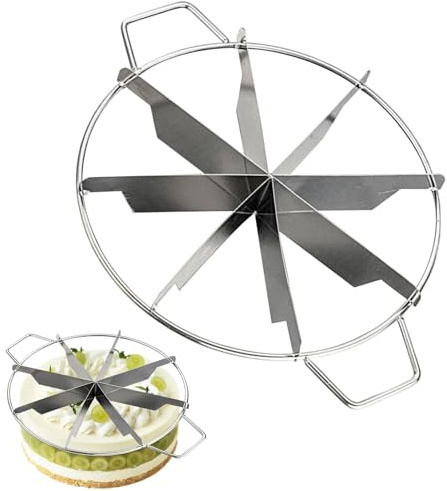 Keyubria Cortador de tartas, divisor para tartas, cortador de porciones de pastel de 8 divisiones, acero inoxidable, marcador de porciones de pastel con asas laterales, herramienta