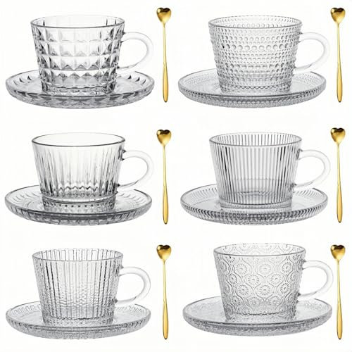 Juego de 6 tazas de cristal con platillo y cuchara, juego de tazas de café, juego de tazas de vidrio transparente, tazas de café espresso para café con leche, moca, capuchino y té
