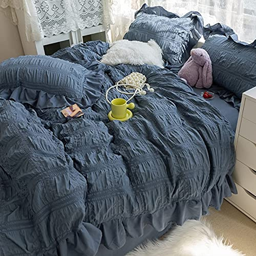 ZZenSmot Seersucker Duvet Cover, Washed Microfiber Ultra-Soft Luxury Bedding Set, Zipper Closure Wrinkled Look Comforter Cover Set with Bed Sheet Pillowcase (Blue,150x200cm(59x79in))