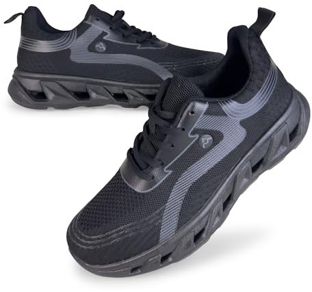 A&M Mens Lace-Up Trainers - Lightweight Breathable Walking Shoes with Cushioned Sole, Flexible Grip & Wedge Heel - Men Comfortable Fashion Sneakers for Sports, Work & Outdoor Wear | Black
