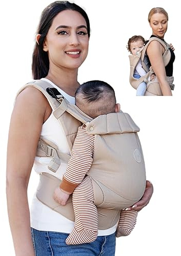 Grownsy Babytrage, Ein-Klick-Schnalle für Einfaches Anlegen, Bequemer Träger von Neugeborenem bis Kleinkind mit Kopfstütze (3-20kg, 3-24Monate), Ergonomisch & Leicht (Khaki)