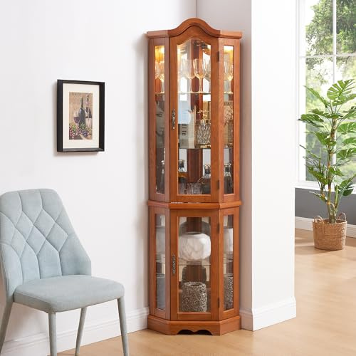 BAOMKONG Corner Curio Cabinet, Lighted Glass Display Case with Tempered Glass Doors and Adjustable Shelves, Crown Corner Display Cabinet for Living Room, Wine Liquor Storage, Bulb Inclued, Oak