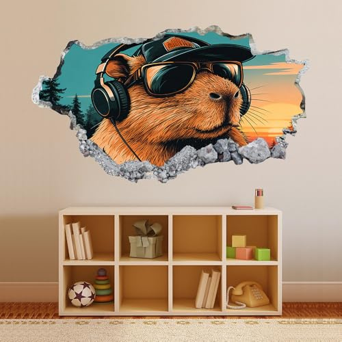 Wall Decal 3D Capybara Headphones Wall Stickers Smashed Art Waterproof Sunset View Vinyl Wall Tattoo for Kids Bedroom Living Room Playroom Baby Nursery Home Decor 45x67cm