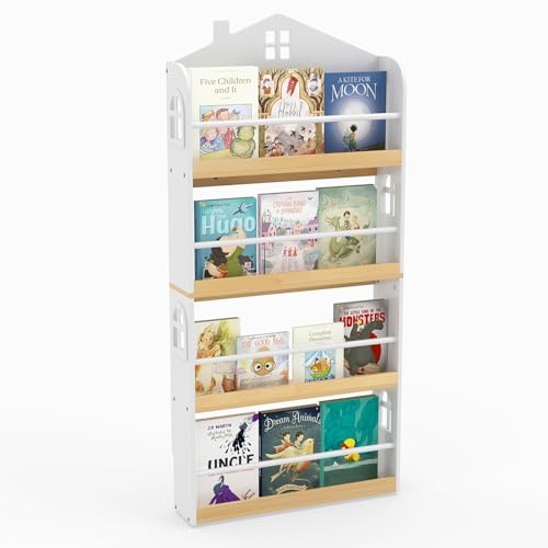 COSTWAY Librería Infantil de 4 Niveles, Estantería para Niños en Forma de Casa, Estante de Madera con Barreras Anticaídas y Barras Metálicas, Librero para Guardería, Aula, 61 x 15 x 130 cm