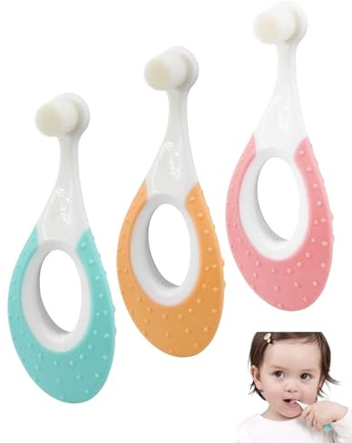 LOZTBUE 3 piezas Cepillo de dientes sostenible para bebés 0-2 años | Cerdas extra suaves de base biológica, mango 84% reciclado, anillo mordida suave | Colores mezclados
