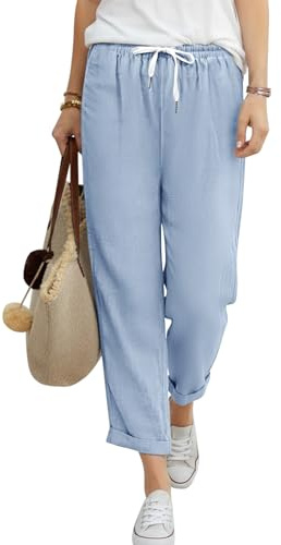 Fashora Pantalon Femme Été Taille Elastique 7/8 Pantalons Fluide Droit Pantalon Coton Décontracté Léger Pantalon Ample Solide Couleur de Plage avec Poches (Bleu, XL)