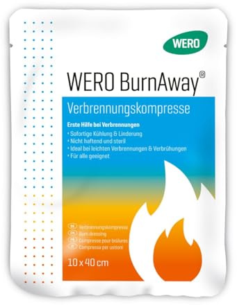 WERO BurnAway® förbränningskompress – Steril hydrogelkompressor för första hjälpen av brännskador, skållning och solbränna – kylande brandsårförband (10 x 40 cm)