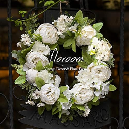 Floroom Floral Wreath, Artificial White Peony Wreath, 15-16 Front Door Decorations Wall Decor